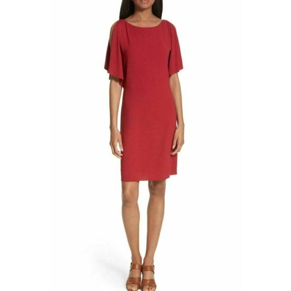 Theory Andzelika Rosina Crepe Slit Sleeve Shift Dress Red Size 10 Party Cocktail